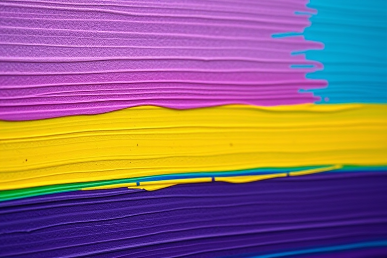 create an abstract close-up of a textured painting with horizontal stripes in vibrant purple, yellow, green, and blue, captured with a Canon EOS R5 camera at f/8 aperture, 1/125 sec shutter speed, ISO 100, using a macro lens, in natural light for enhanced detail and color saturation