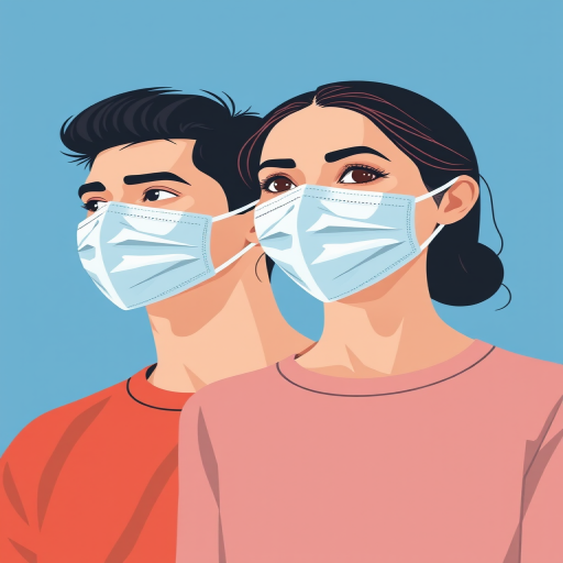 Create a vector illustration of a man and woman wearing face masks, with a solid blue background, using a Canon EOS R5 with a 50mm lens, aperture f/4, ISO 100, shot from a frontal view in a minimalist style.