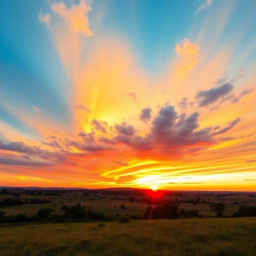 Create a high-resolution image of a serene landscape at sunset with vibrant colors in the sky, using a DSLR camera with a 50mm lens, aperture set to f/2.8, ISO 200, and a shutter speed of 1/60 second, wide angle view, soft focus style.