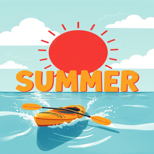 Create a vibrant summer-themed illustration featuring a large red sun, the word "SUMMER" in bold, playful letters, and a kayak with paddles splashing water beneath it, using a Canon EOS R5 with a 50mm f/1.2 lens, aperture set to f/2.8, ISO 100, and soft diffused lighting for a bright, fun atmosphere.