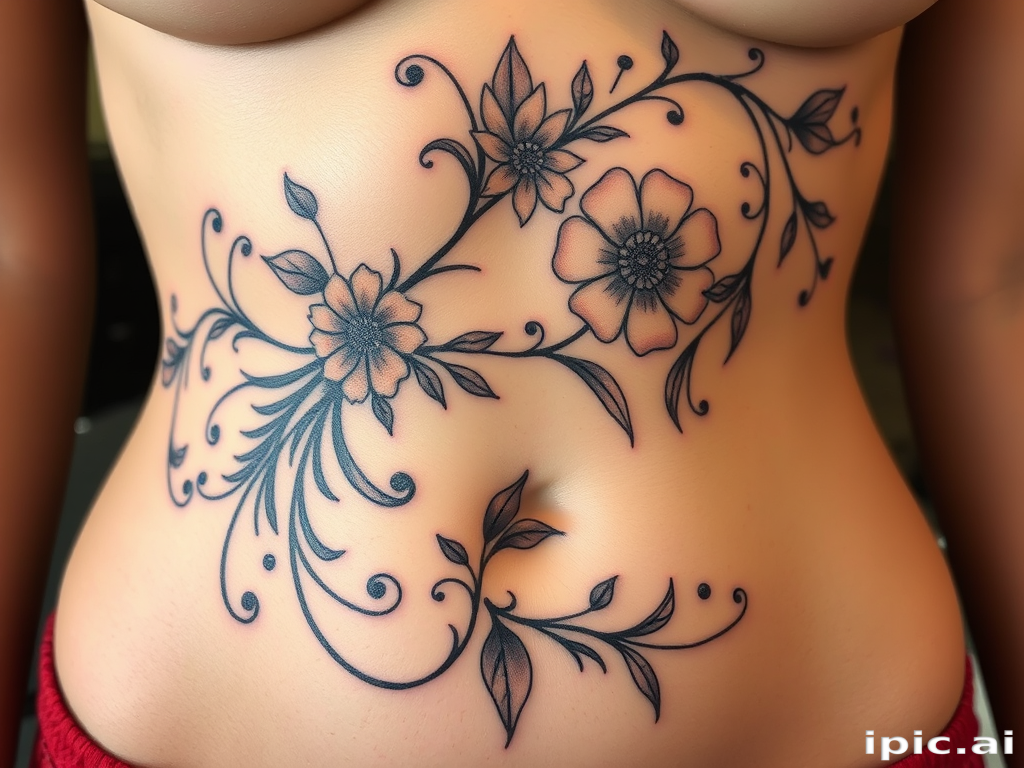 Elegant Art Nouveau tattoo wrapping around the ribcage, featuring flowing organic lines and stylized floral motifs, incorporating subtle color gradients and intricate details inspired by the classic art movement