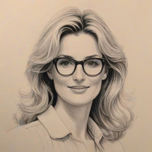 Enchanting Penny Lancaster, pencil sketch, portrait of Lovely woman 1979s in glasses, hair style beatnik, outline, clear lines, fine lines, 8k