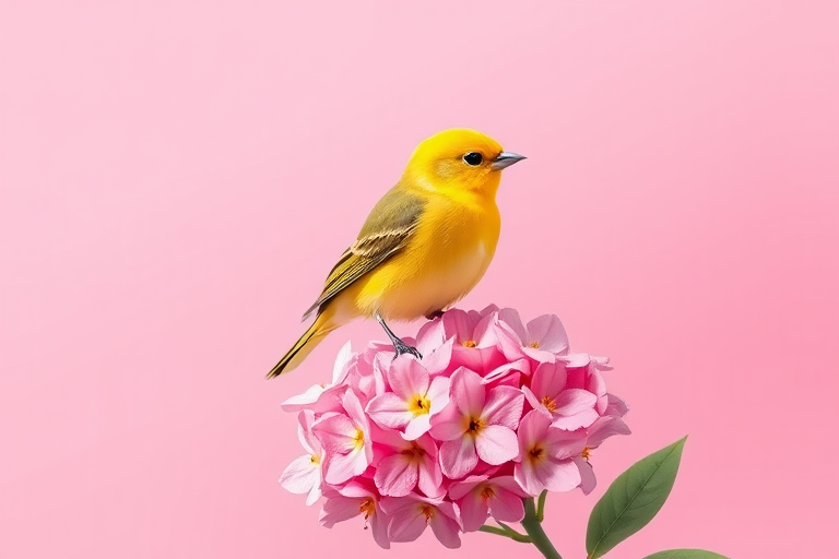 Create a vibrant illustration of a yellow bird perched on a cluster of pink flowers against a soft pink background, using a high-resolution digital art style with a 50mm lens, f/2.8 aperture, and natural lighting to enhance colors and details.