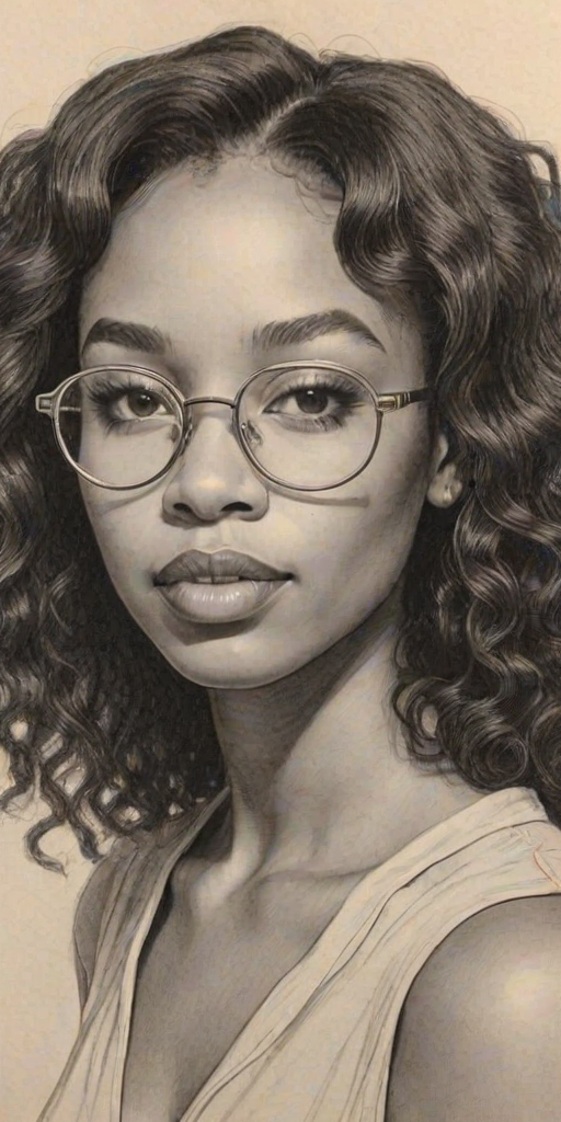Radiant SZA, pencil sketch, portrait of Wonderful woman 1935s in glasses, hair style beatnik, outline, clear lines, fine lines, 8k