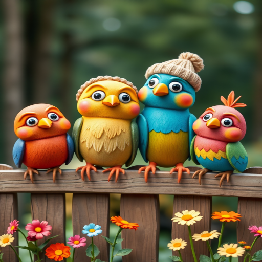 create a scene of 4 quirky  whimsical colourful comical birds each with a funny expression. they are sat on a wooden fence with colourful flowers. they are all different sizes. each one is a different colour  one is wearing a woolly hat. Each one has a different quirky google expression and there is a muted background of trees watercolour paintierly style high definition 8k resolution 3D paper mache