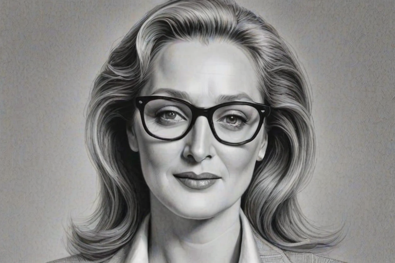 Enchanting Meryl Streep, pencil sketch, portrait of Sublime woman 1972s in glasses, hair style beatnik, outline, clear lines, fine lines, 8k