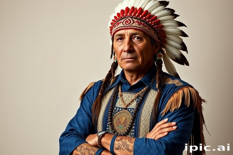 Create a dignified portrait of a Native American man dressed in traditional attire. He wears a beautifully crafted headdress adorned with white feathers and red beads, along with a beaded headband featuring intricate patterns. His clothing includes a deep blue, patterned shirt and a traditional chest piece with detailed beadwork. His arms are crossed, displaying leather armbands decorated with feathers. The background is simple and neutral, emphasizing his proud and stoic expression. The overall image captures the rich cultural heritage and strength of his persona.