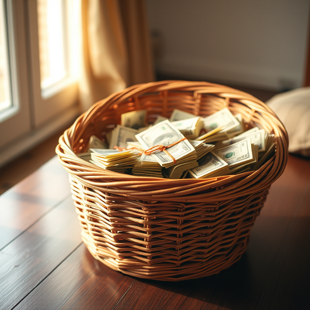 A wicker basket overflowing with bundles of cash, soft natural lighting, shallow depth of field, 50mm lens, f/1.8 aperture, 1/200s shutter speed, DSLR camera, high-resolution settings, warm color tones.