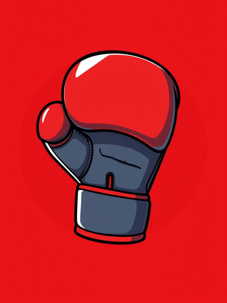 Create a high-quality illustration of a boxing glove in a stylized cartoon design, set against a bold red circular background, using a Canon EOS R5 camera with an aperture of f/2.8 for a soft background blur, focal length of 50mm for detail, and capturing in bright daylight for vibrant colors.