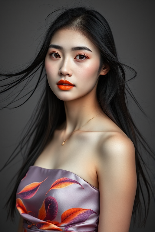 Photographic image of a beautiful young Ryukyuan woman, red eyes, lips with Yellow lipstick, long hair fluttering in the wind and wearing a silk strapless dress with a soft purple and orange print. monochrome image with only color highlights in the iris of the eyes, lipstick and dress. Gray background.