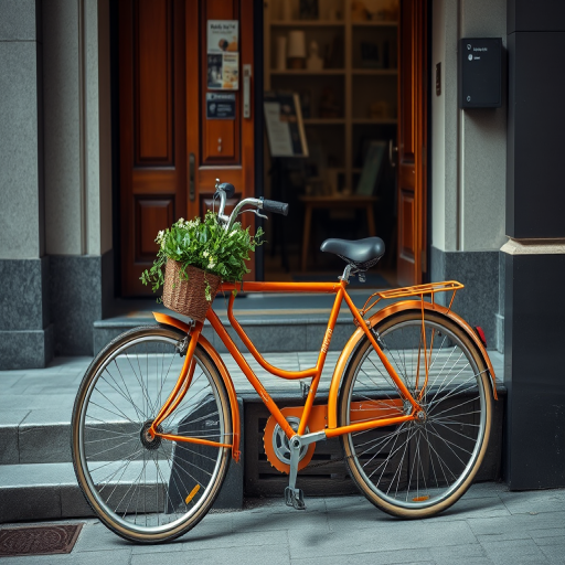capture an urban scene featuring an orange bicycle with a basket filled with greenery leaning against a storefront with a wooden door, shoot with a Canon EOS R5 at f/2.8, ISO 100, 1/250s, using a wide-angle lens from a low angle for enhanced detail and depth
