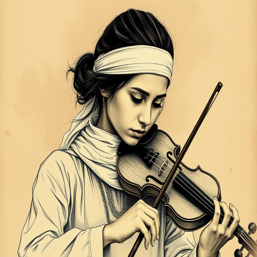 a young Tajik woman with a white headband playing a violin, in the style of a charcoal drawing, sepia grunge background