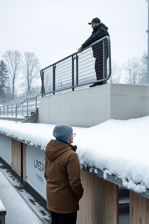 Capture a winter scene of two people at a sports bleacher, one standing below and looking up at the other who is leaning on the railing above, use a Canon EOS R6, 50mm f/1.8 lens, aperture set to f/2.8 for depth of field, ISO 400, shutter speed 1/200s, natural lighting for a soft ambiance, shot from a low angle perspective to emphasize the height of the bleachers.