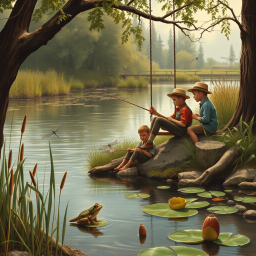 Imagine a small group of old fashioned young boys out fishing by the creek, a swing hanging from a tree branch, reeds and grasses by the water's edge, a frog sitting on a lily pad, dragonflies hovering over som water plans, a very iconic old fashioned scene reminiscent of a Norman Rockwell painting style