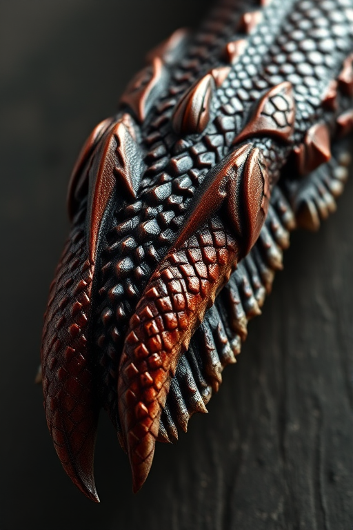 Regenerate a highly detailed illustration of a dragon claw with intricate scales and sharp talons, using a Canon EOS R5, 50mm lens, f/1.8 aperture, ISO 100, and a soft diffused lighting setup to enhance textures and shadows.