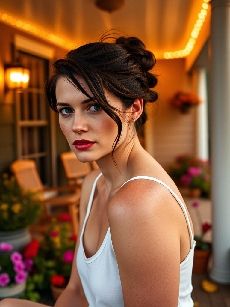 A photo of Jessica Chastain with a background of a cozy porch. She has dark hair pulled back in an updo, with tendrils framing her face. She wears a white tank top and sits on the porch. The porch is part of a well-lit home with a warm, earthy tone and colorful flowers and foliage. The overall scene has a warm, welcoming, and comfortable ambiance.