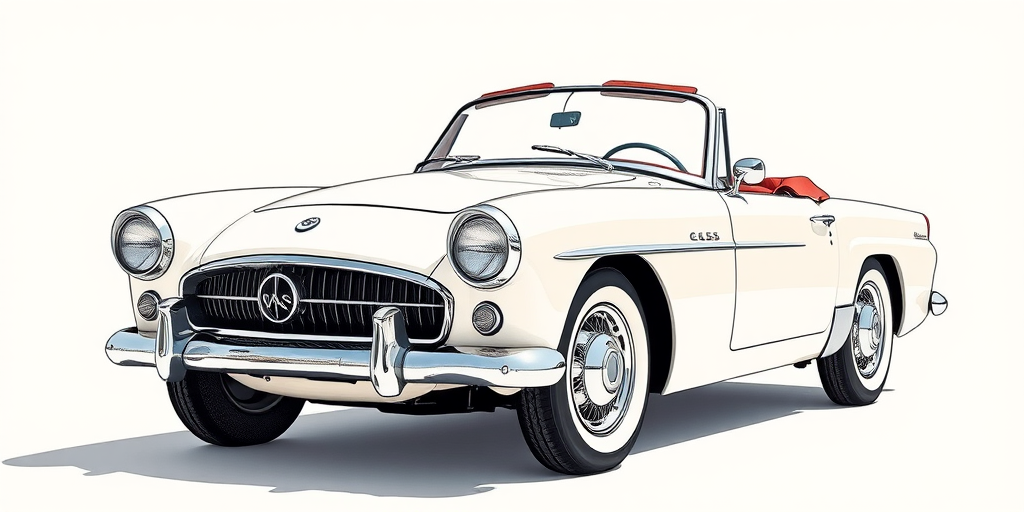 regenerate a vintage convertible car in a sketch style with a soft pastel background, captured with a DSLR camera at ISO 100, f/5.6 aperture, 35mm lens, using natural light and a shallow depth of field for enhanced detail.