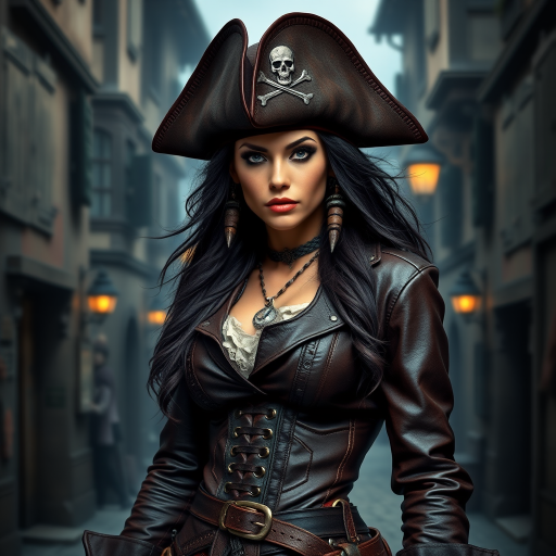 Create a portrait of a fierce female pirate. She wears a leather tricorn hat adorned with a skull and crossbones emblem, and her long, dark hair flows around her face. Her outfit consists of a richly detailed leather jacket, a corset, and multiple layers of belts and accessories, giving her a formidable and stylish appearance. She stands confidently in a dimly lit, historic port town, with a backdrop of weathered buildings and cobblestone streets, capturing the adventurous spirit of a pirate.
