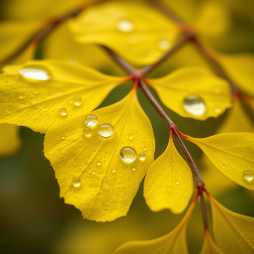 close-up shot of yellow ginkgo leaves with water droplets, shallow depth of field, soft natural light, aperture f/2.8, ISO 100, 50mm lens, macro photography
