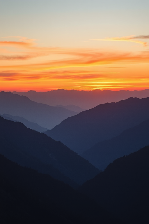 Generate a high-resolution image of a serene mountain landscape during sunrise with vibrant colors, using a DSLR camera, 24mm lens, aperture f/8, ISO 100, shutter speed 1/125 sec, with a panoramic view for enhanced depth and clarity.