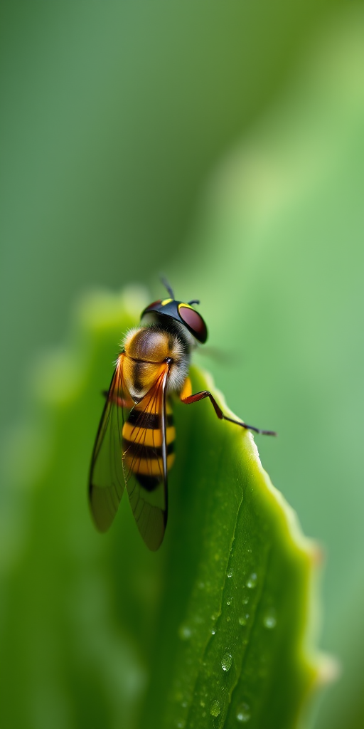 macro shot of a yellow and black hoverfly on a green leaf with blurred background, aperture f/2.8, shutter speed 1/200s, ISO 100, 100mm macro lens, natural light