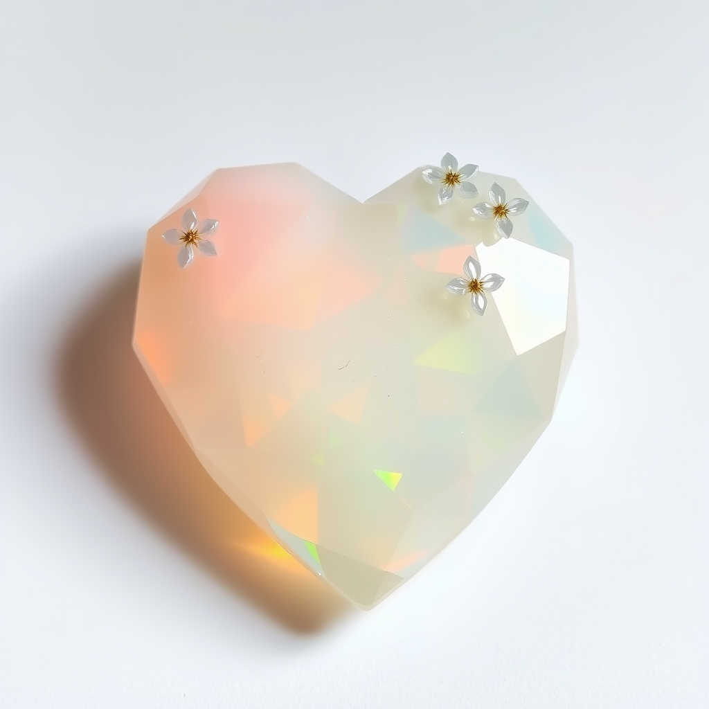 a human heart made of facet cut opal crystal, decorated with small crystal flowers, pastel colors, fine subtle gold details, white background, small drop shadow, beautiful light incidence, prism.