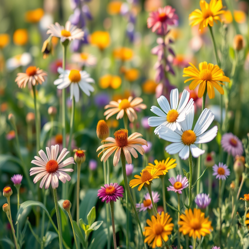 Create a high-quality illustration of a floral scene featuring various flowers and plants, adapt a depth of field with a f/2.8 aperture, 50mm lens, shot from a slightly elevated angle in natural light using a DSLR camera.
