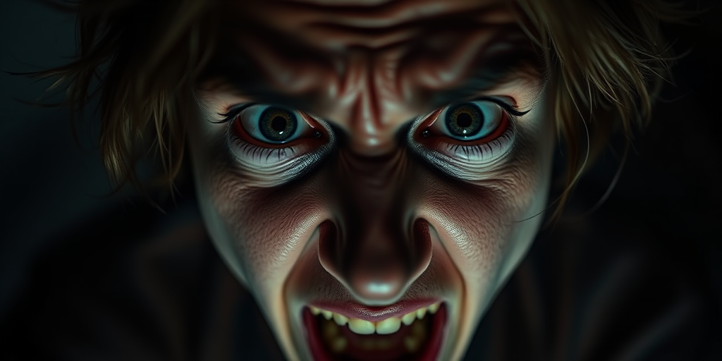 create a haunting portrait of a terrified individual with wild eyes and a distressed expression, using a Canon EOS R5 camera at f/1.8 aperture, ISO 100, 1/60 sec shutter speed, captured in a close-up shot with dramatic lighting and a low-angle view to enhance emotional intensity.