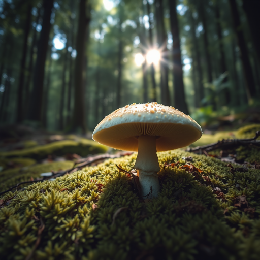 photograph a large mushroom growing on mossy ground in a dense forest with sunlight filtering through the trees, focus on the texture of the mushroom and moss, use a 50mm lens, aperture f/2.8, shutter speed 1/200s, ISO 200, natural lighting, low angle view, DSLR camera