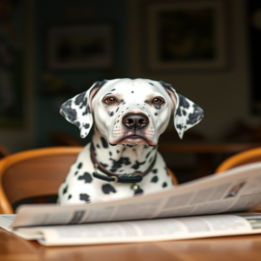 Capture a close-up shot of a Dalmatian dog sitting at a table with a newspaper, natural light, 50mm lens, f/1.8 aperture, ISO 200, soft focus background, warm tones.
