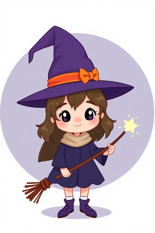 Create an illustration of a cute cartoon witch character with a pointed hat, holding a magic wand, in a simplified round background, using a Canon EOS R5, f/2.8 aperture, 50mm lens, with soft studio lighting and a pastel color palette.