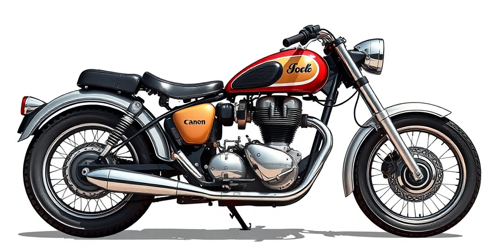Create a detailed illustration of a vintage motorcycle, side view, high-resolution, shot with a Canon EOS R5, ISO 100, f/2.8, 1/200s, natural daylight for enhanced clarity and depth.