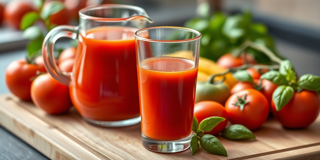 A glass of fresh tomato juice with a pitcher, surrounded by ripe tomatoes and basil leaves on a wooden cutting board, captured in natural lighting with a Canon EOS R5, 50mm lens, f/1.8 aperture, ISO 100, 1/200 sec shutter speed, shallow depth of field for a beautifully blurred background.