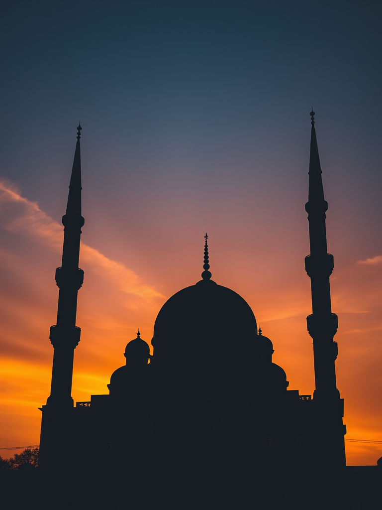 Create a high-resolution silhouette of a mosque with intricate architectural details, captured at sunset using a DSLR camera with a focal length of 50mm, aperture set to f/8, ISO 200, and a shallow depth of field to enhance the contrast between the silhouette and the vibrant sky.