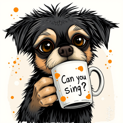 A quirky, artistic illustration of a disheveled chi chi dog breed with exaggerated, large eyes and spiky fur, holding a coffee mug that reads "Can you sing?". The dog has a tired but humorous expression, with Mango ink splatters