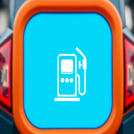 Create a high-resolution image of a fuel pump icon on a blue background, with a focus on clean lines and contrast; use a DSLR camera with a 50mm lens, aperture set to f/2.8 for shallow depth of field, and a slight tilt-shift effect to enhance perspective.