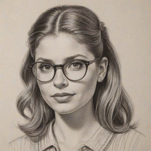 Superb Danielle Fishel, pencil sketch, portrait of Delightful woman 1935s in glasses, hair style beatnik, outline, clear lines, fine lines, 8k