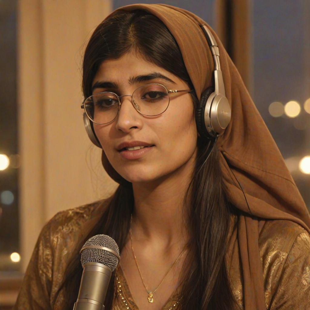A close-up portrait of a mia khalifa with her eyes closed, singing into a microphone, positioned on the right side of the frame, facing the viewer. She is wearing a brown headscarf, gold earrings, and a brown blouse, and is bathed in warm, golden light emanating from the windows behind her. A blurred figure of a man singing into a microphone is visible in the background. The scene has a sense of calm and spirituality.