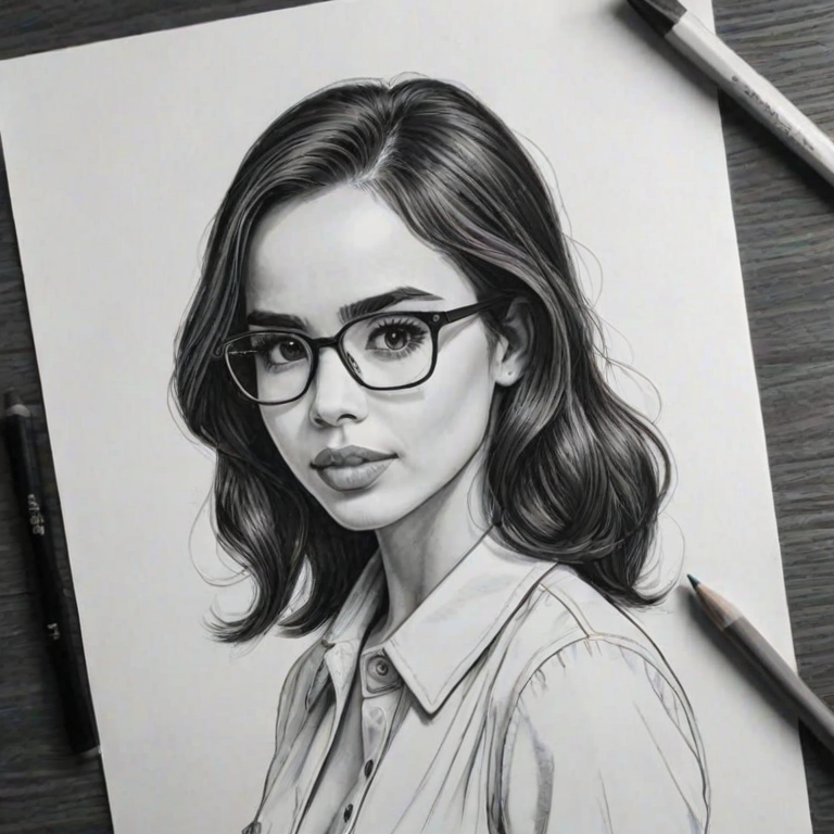 Radiant Sofia Carson, pencil sketch, portrait of Appealing woman 1966s in glasses, hair style beatnik, outline, clear lines, fine lines, 8k