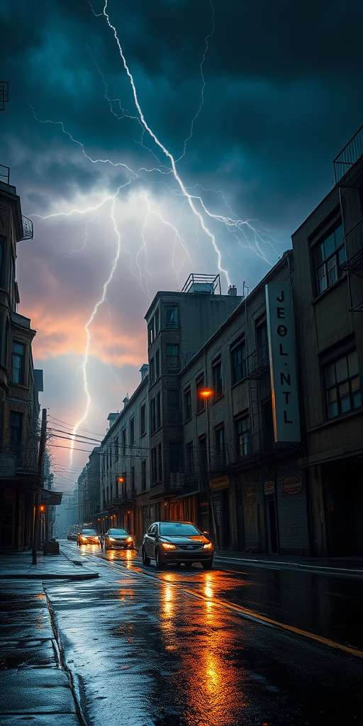 Create a high-resolution image of a post-apocalyptic urban scene with abandoned buildings, a lone car on a rain-soaked street, under a dramatic lightning storm at twilight, captured with a DSLR camera, 24mm lens, f/8 aperture, ISO 100, and a long exposure for enhanced details and dynamic lighting.