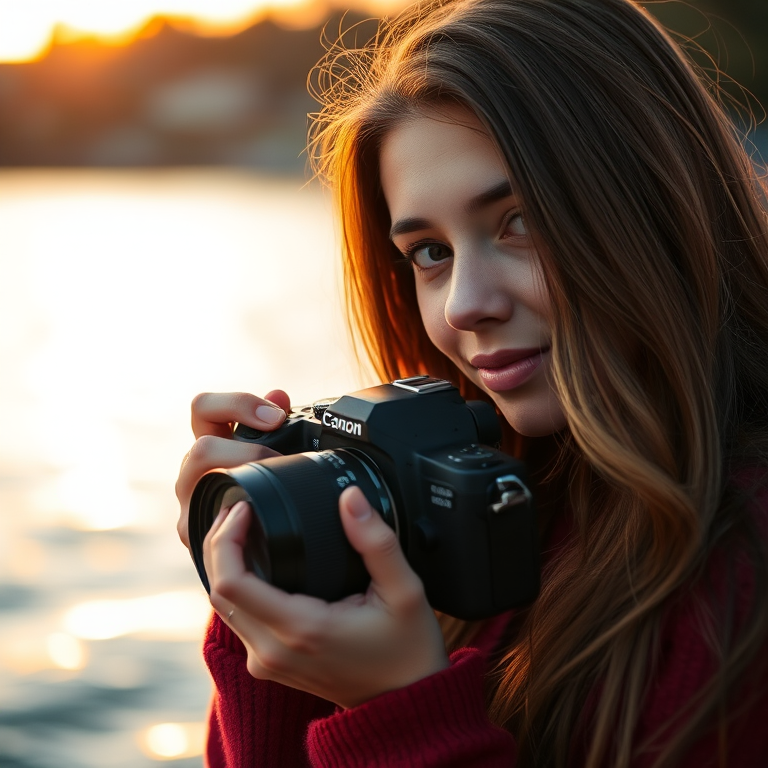 regenerate a portrait of a young woman with long hair holding a camera near a body of water during golden hour, soft focus, aperture f/2.8, shutter speed 1/250s, ISO 100, shot with a DSLR camera, 50mm lens, natural light