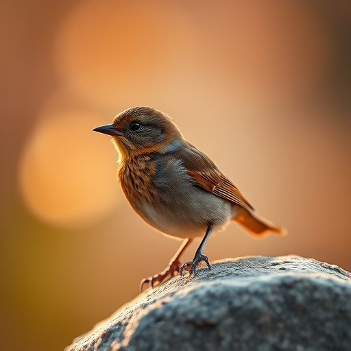 Capture a close-up of a small brown bird perched on a stone with a blurred background, using a DSLR camera with a 50mm lens, aperture set to f/2.8, ISO 200, shutter speed 1/200 sec, natural light during golden hour for enhanced softness and detail.
