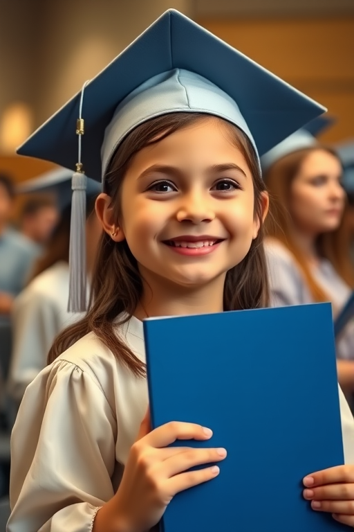 Portrait of a young girl smiling and holding a blue folder, indoor graduation ceremony setting, shallow depth of field, 50mm lens, f/1.8 aperture, ISO 200, natural lighting, focus on the girl's face, slightly above eye level, warm colors.