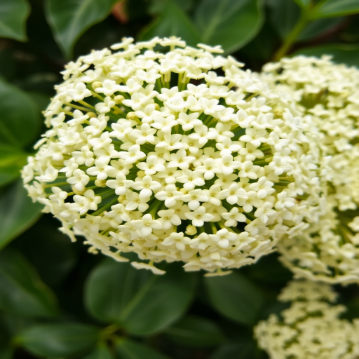 a close-up of clusters of delicate white flowers with dark green foliage in the background