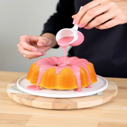 A person pouring pink sauce over a yellow bundt cake on a wooden surface with a light background.