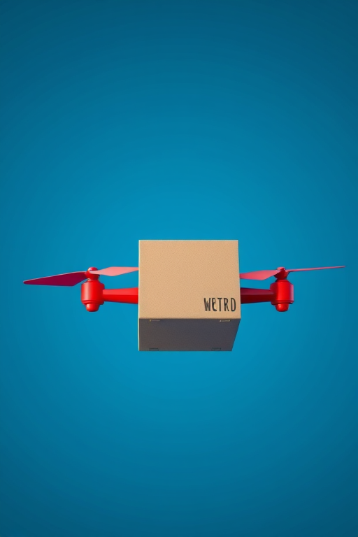 Create a 3D render of a flying delivery box with red propellers against a deep blue background using a DSLR camera, 50mm lens, f/8 aperture, ISO 100, 1/125 sec exposure, front view, cinematic lighting.