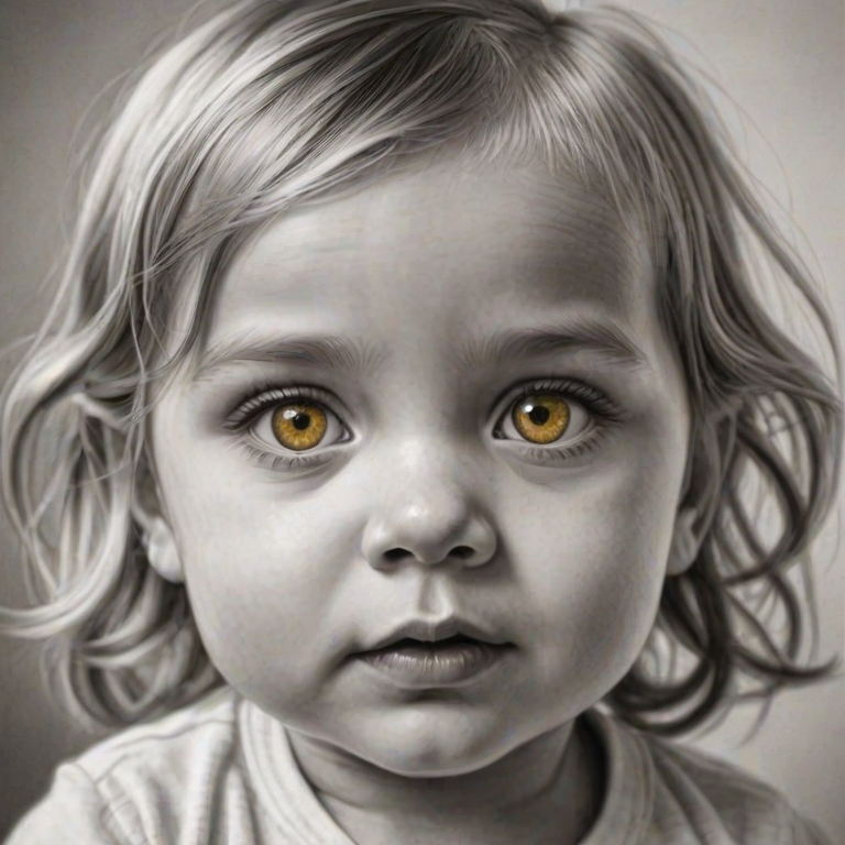 A hyperdetailed photorealistic black and white sketch of a beautiful toddler with deep Yellow eyes, with a macro focus
