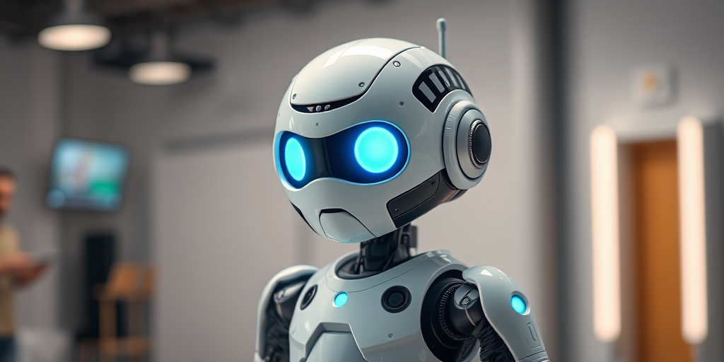generate an image of a cute futuristic robot with blue glowing eyes standing in a well-lit environment using a 50mm lens, f/1.8 aperture, ISO 100, aperture priority mode, in a studio setting, with softbox lighting to enhance image quality