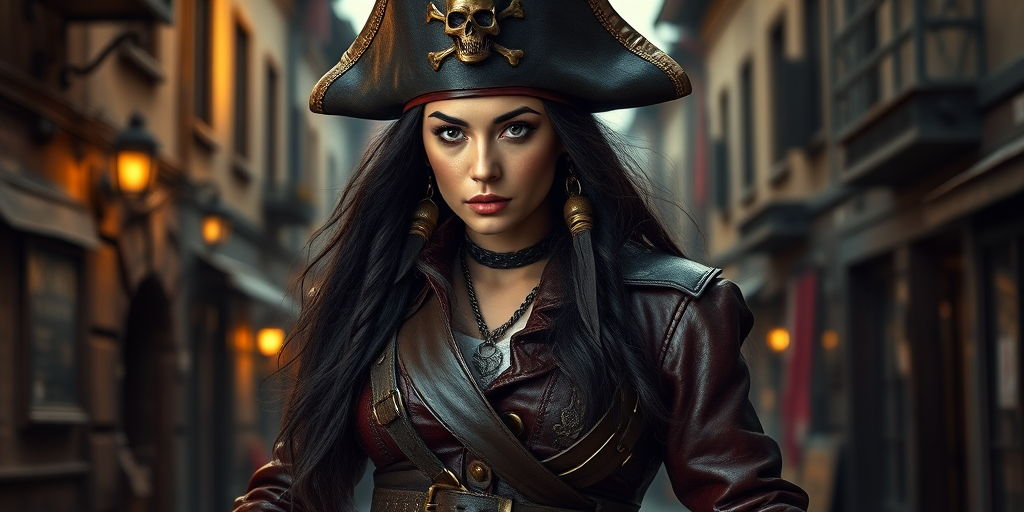 Create a portrait of a fierce female pirate. She wears a leather tricorn hat adorned with a skull and crossbones emblem, and her long, dark hair flows around her face. Her outfit consists of a richly detailed leather jacket, a corset, and multiple layers of belts and accessories, giving her a formidable and stylish appearance. She stands confidently in a dimly lit, historic port town, with a backdrop of weathered buildings and cobblestone streets, capturing the adventurous spirit of a pirate.