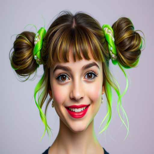 Playful young woman rocking space buns with face-framing tendrils, colored in a vibrant neon green with holographic glitter accents
